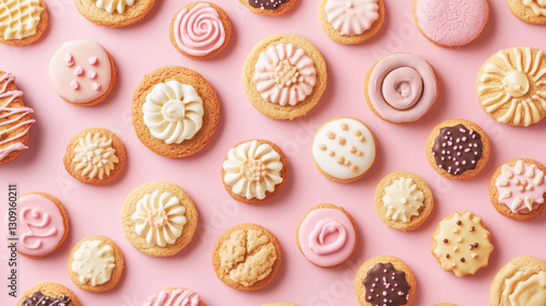 Assorted decorative cookies on pink background