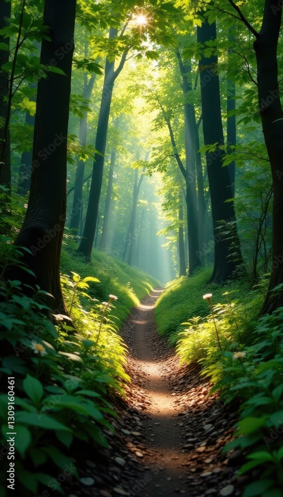 Obraz premium Narrow trail meanders, sunlight filtering through dense canopy, quiet, landscape, twig