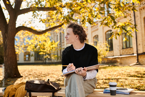 Canvas-taulu Young stylish man enjoys a sunny afternoon sketching under a tree in an urban pa