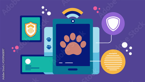 Unlock your pets medical secrets with the help of a biometric scanner that uses paw print detection and advanced encryption to protect their personal. Vector illustration