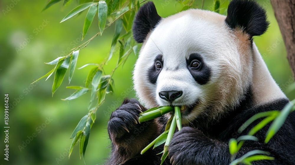 Fototapeta premium Adorable panda munching on fresh bamboo in a lush green forest setting, showcasing nature's beauty