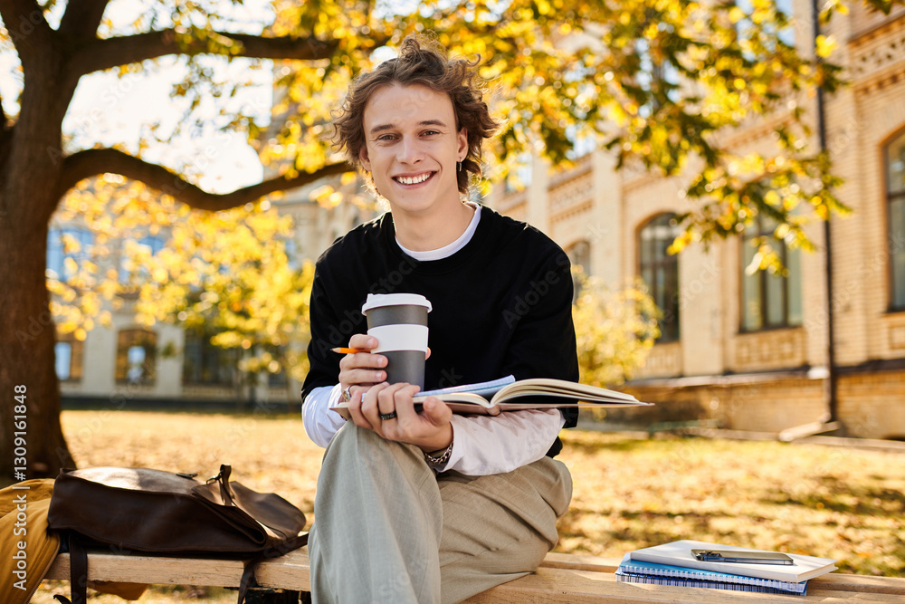 Obraz premium Stylish young man enjoying a sunny afternoon while studying outdoors at the university campus