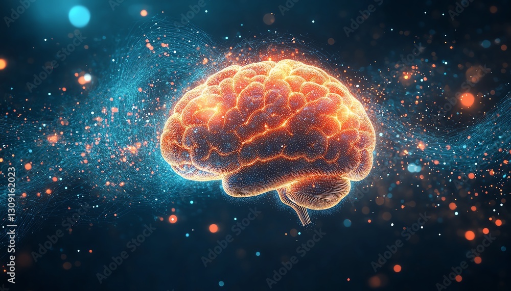 Human brain areas illuminated, showing neurofeedback concept and mindfulness meditation for focus improvement, digital illustration of healthy brain activity and function Human brain areas illuminated, showing neurofeedback concept and mindfulness meditation for focus improvement, digital illustration of healthy brain activity and function