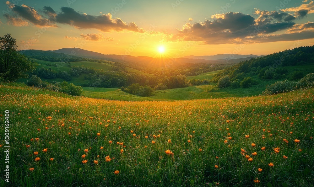Sunset illuminates vibrant wildflowers across rolling hills. Sunset illuminates vibrant wildflowers across rolling hills.