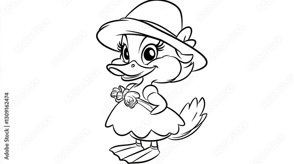 Naklejka premium Cute duckling in dress, coloring book illustration