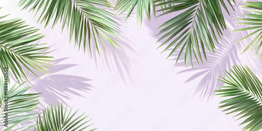 Floating mint green palm leaves on a soft lavender background Floating mint green palm leaves on a soft lavender background