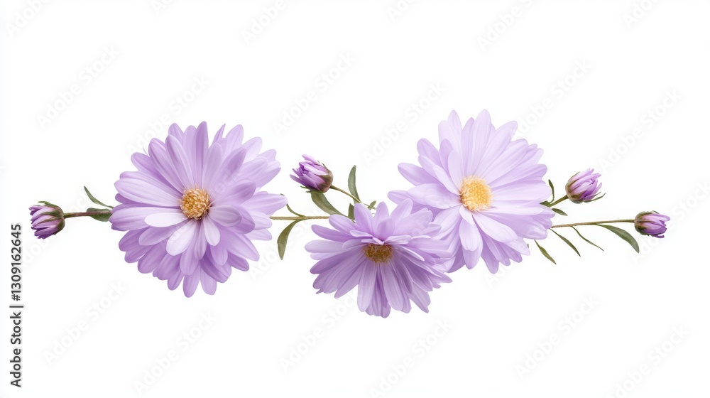 Delicate purple flowers with green stems and buds isolated on white background, showcasing natural beauty. Delicate purple flowers with green stems and buds isolated on white background, showcasing natural beauty.