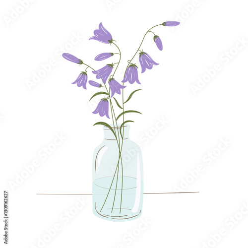 A bouquet of bluebells in a glass vase. Bouquet of summer field garden bluebells. Hand-drawn flowering plants