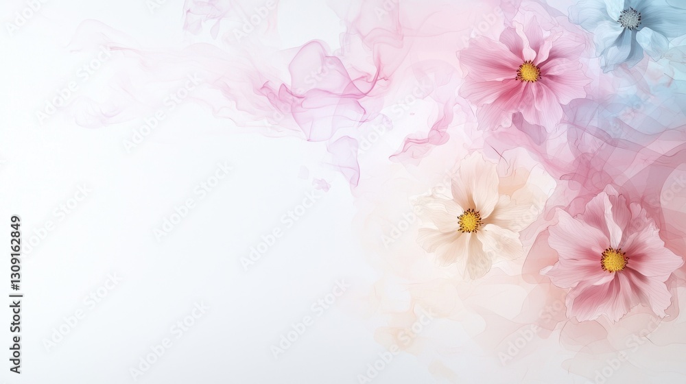 Naklejka premium Delicate watercolor flowers in soft pastel hues create a serene, artistic background with gentle elegance.