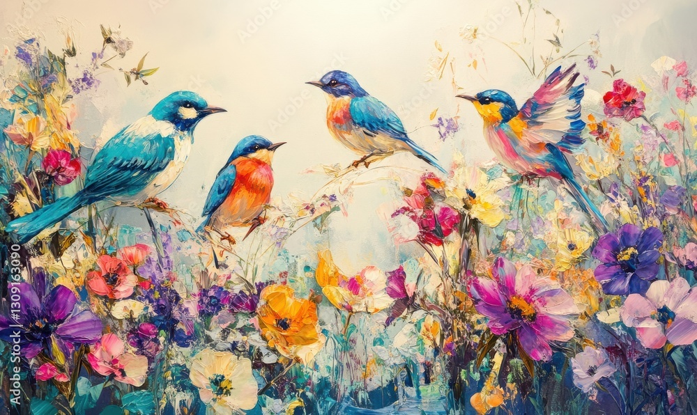 Colorful Birds in a Flower Field Colorful Birds in a Flower Field