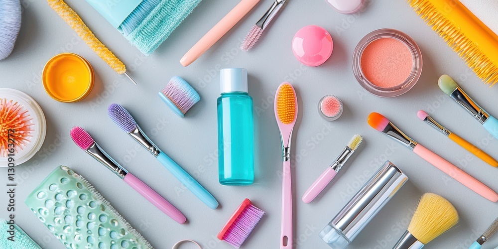 Floating nail care products and manicure tools on a soft light gray background Floating nail care products and manicure tools on a soft light gray background