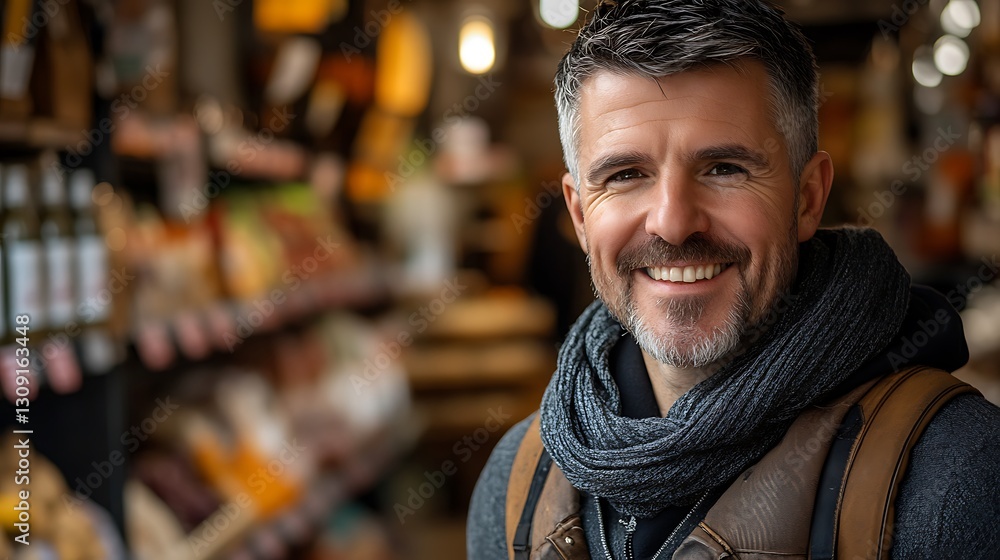 Man smiles at camera in shop with displays. Possible use is commercial marketing Man smiles at camera in shop with displays. Possible use is commercial marketing