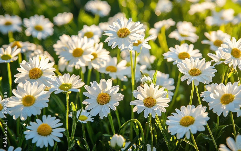 Fototapeta premium Field of daisies under warm spring sunshine