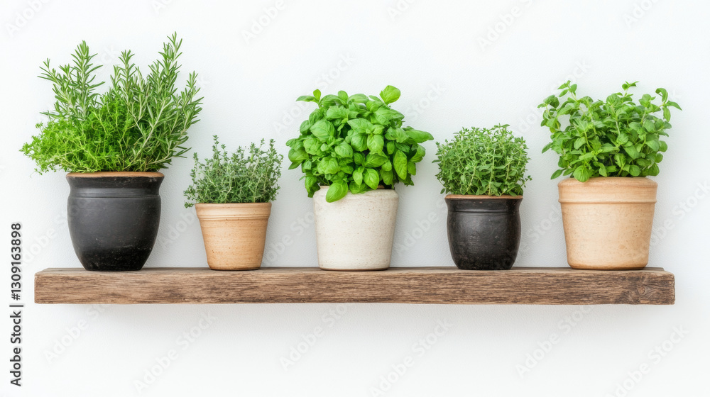 Potted herbs on wooden shelf against white background, creating fresh and natural look Potted herbs on wooden shelf against white background, creating fresh and natural look