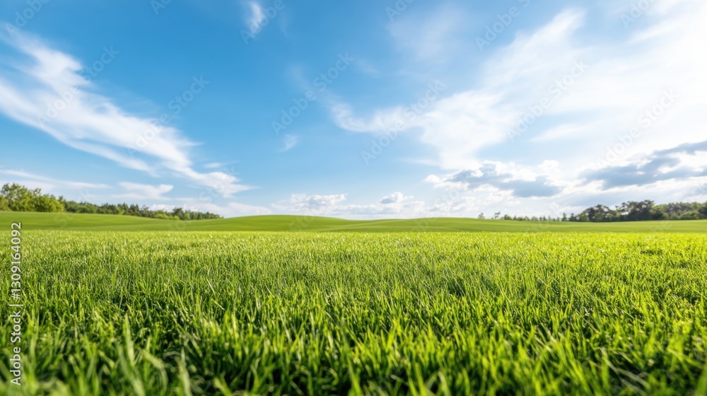 Lush green field under a bright blue sky with fluffy white clouds. Rolling hills in the distance. Lush green field under a bright blue sky with fluffy white clouds. Rolling hills in the distance.