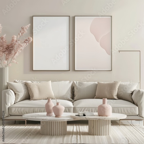 Minimalist living room interior with a white couch. coffee table. and pink decor