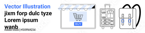 E-commerce storefront with shopping cart, suitcase, and backpack icons representing retail and travel. Ideal for online shopping, travel, e-commerce, fashion, digital platforms, business flat