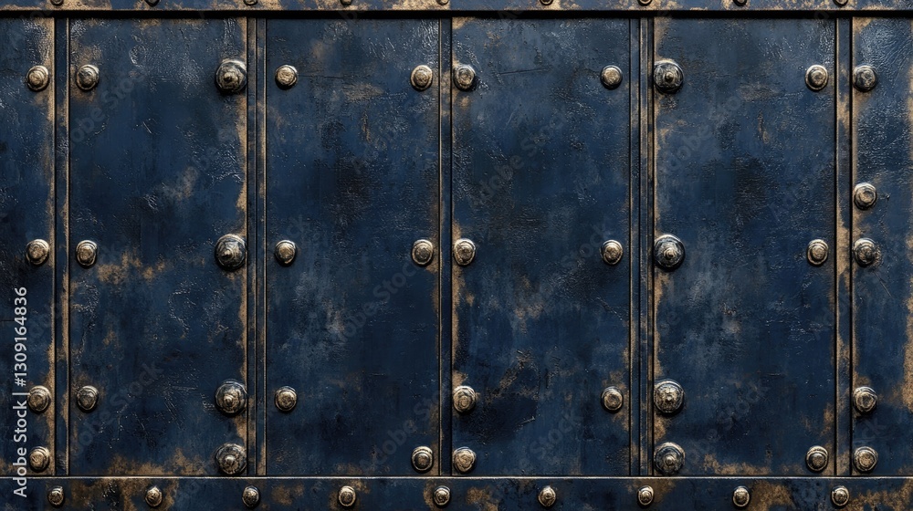 Fototapeta premium A futuristic dark blue industrial wall with structured steel patterns and rivets.