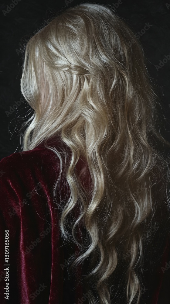 Naklejka premium Mysterious woman with long blonde hair, soft curls cascading over her shoulders, wearing a velvet burgundy cloak, moody lighting and shadows.