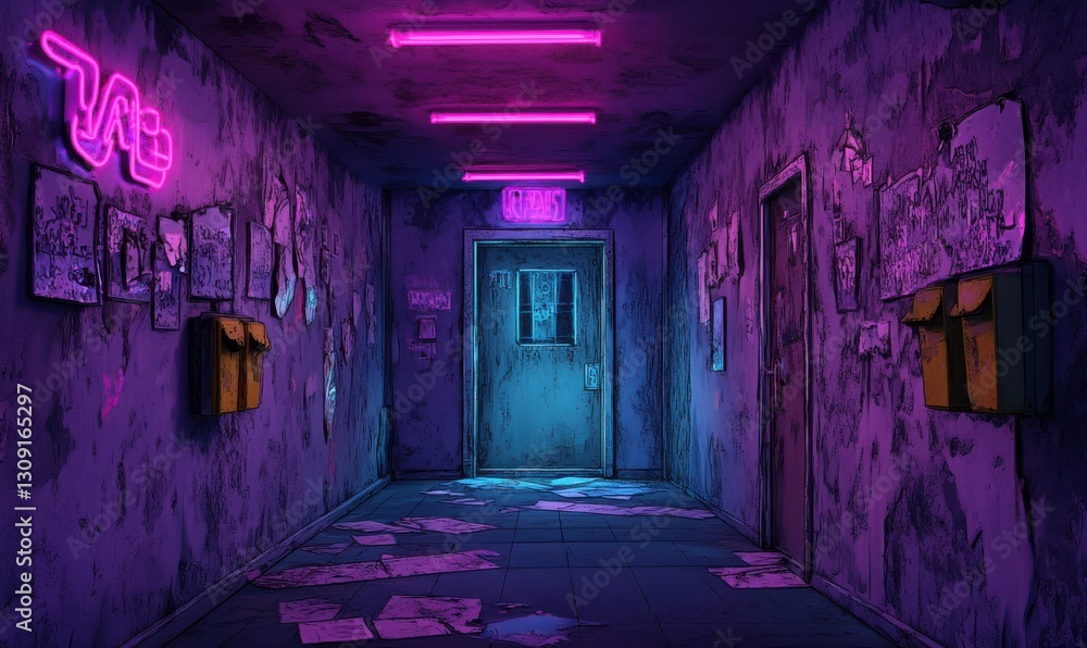 Concrete Hallway with Neon Lights Concrete Hallway with Neon Lights