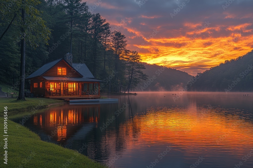 Fototapeta premium Lakeside cabin glows sunset, tranquil scene.