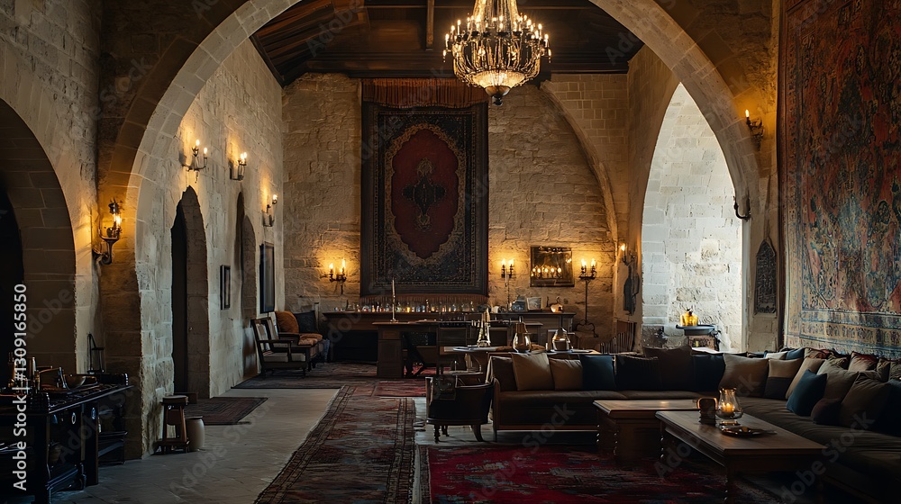 Obraz premium Medieval castle hall interior with lounge, tapestries, and arched windows