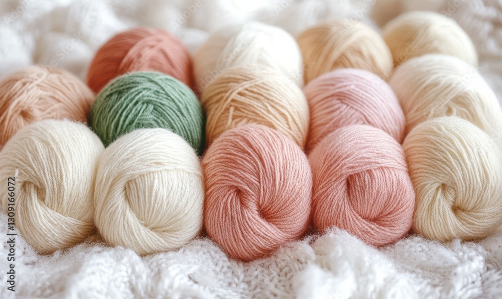 Cozy homely atmosphere. Female hobby knitting. Yarn in warm colors. Pink, peach, beige, white and green. The beginning of the process of knitting Cozy homely atmosphere. Female hobby knitting. Yarn in warm colors. Pink, peach, beige, white and green. The beginning of the process of knitting
