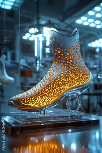 Futuristic 3d-printed shoe design with glowing mesh pattern in a high-tech setting