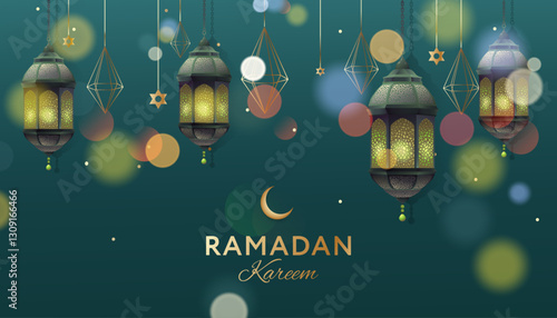 Muslim feast of the holy month of Ramadan Kareem. Banner with lanterns on night sky and bokeh background