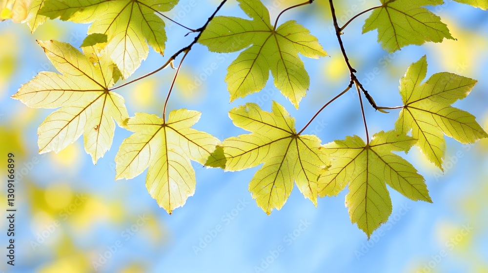 Obraz premium Yellow And Green Maple Leaves On Branch Against Blue Sky
