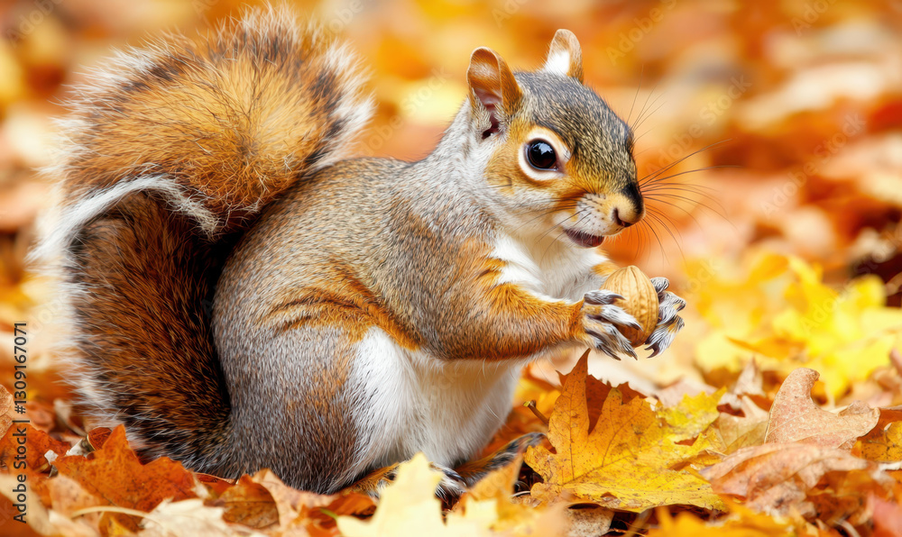 Playful Squirrel Chewing a Nut Amidst Colorful Autumn Leaves in a Stunning Natural Wonderland Playful Squirrel Chewing a Nut Amidst Colorful Autumn Leaves in a Stunning Natural Wonderland