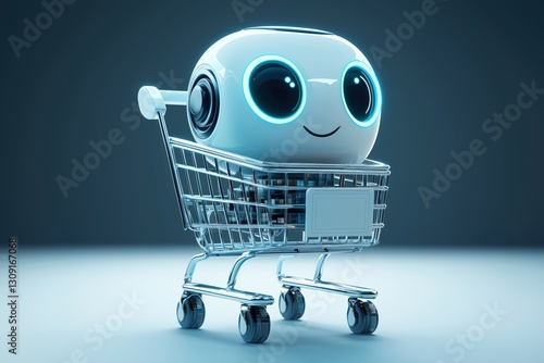 Cute robot character in shopping cart with glowing eyes and metallic texture