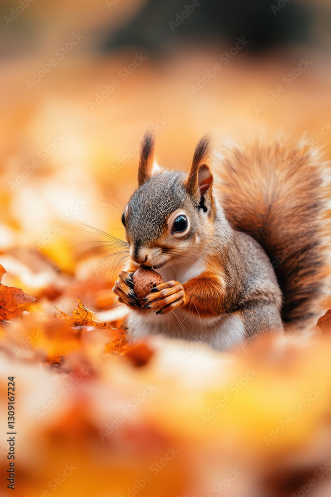 Charming Squirrel Feeding on Nuts Amidst Vibrant Autumn Leaves in a Picturesque Forest Scene Charming Squirrel Feeding on Nuts Amidst Vibrant Autumn Leaves in a Picturesque Forest Scene