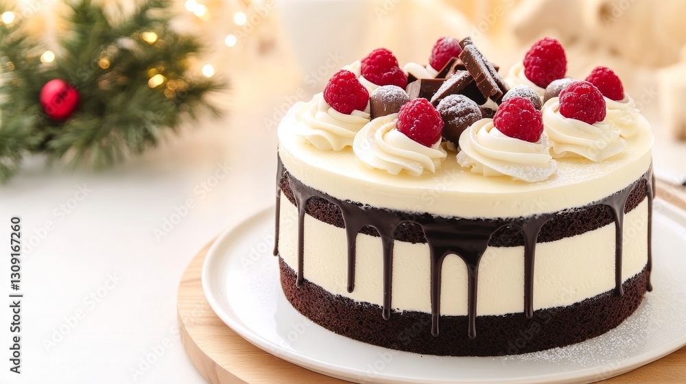 Delicious chocolate raspberry cake with festive decorations and soft background light Delicious chocolate raspberry cake with festive decorations and soft background light