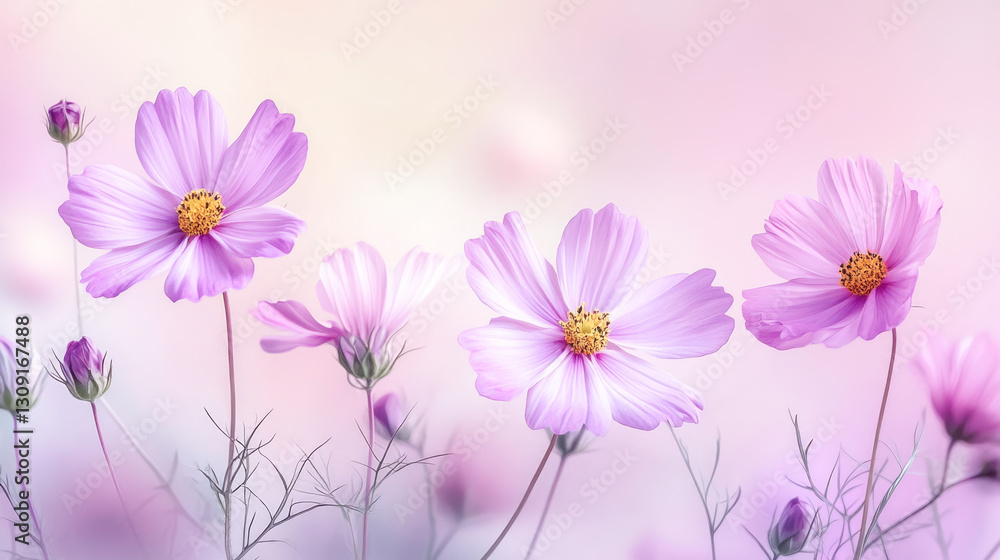 Elegant pink cosmos flowers in soft focus garden setting Elegant pink cosmos flowers in soft focus garden setting