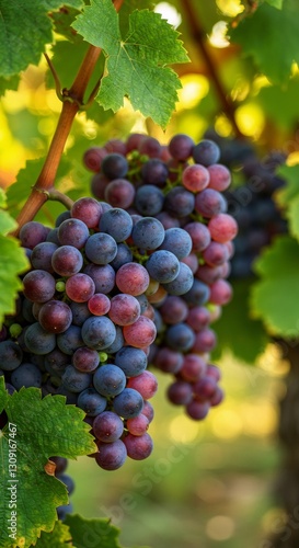 Wallpaper Mural Ripe purple grapes on vine with green leaves in sunlight. Fresh fruit cluster in vineyard. Winemaking concept. Organic agriculture and harvest season background Torontodigital.ca