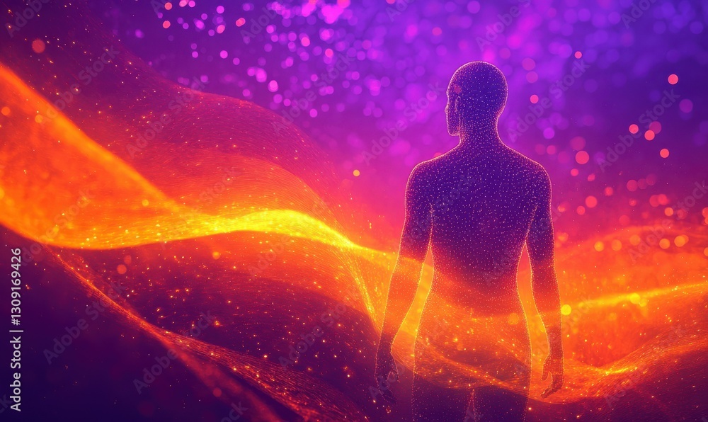 Mind-Body Connection concept. Glowing Human Silhouette Against Vibrant Wave Patterns in Orange and Purple Shades Mind-Body Connection concept. Glowing Human Silhouette Against Vibrant Wave Patterns in Orange and Purple Shades