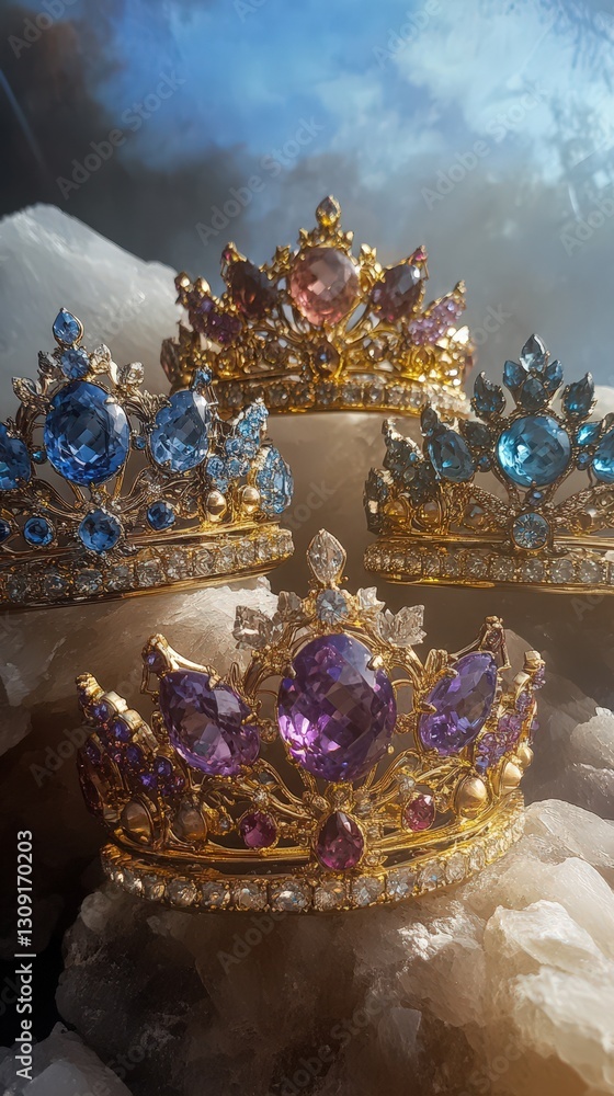 Obraz premium Golden Crowns Adorned With Vibrant Gemstones Resting On Rocks