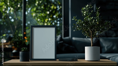 Wallpaper Mural Modern interior with picture frame mockup, potted plant, and succulent on wooden table top Torontodigital.ca