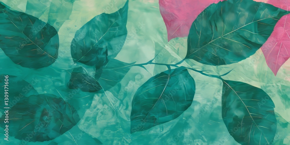 Fototapeta premium Watercolor Floral Background, Soft Pink and Teal Green Tones, Artistic and Textured Design