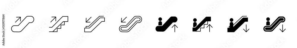 Stairs and escalator icon set – up & down steps signs. Vector symbols of stairs and escalators – pointers