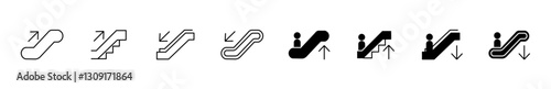 Obraz na płótnie Stairs and escalator icon set – up & down steps signs. Vector symbols of stairs and escalators – pointers w salonie