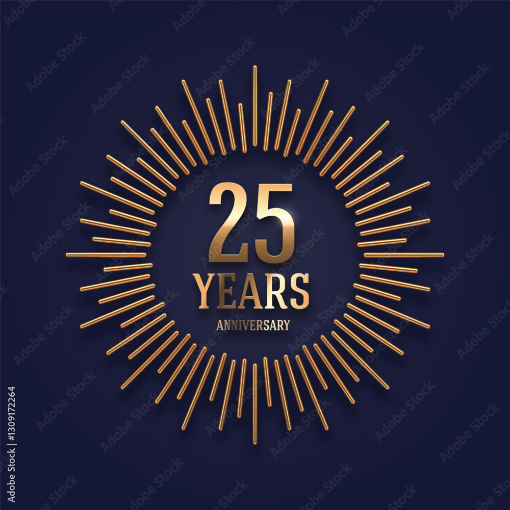 Fototapeta premium 25 years Anniversary golden logo with realistic 3d gold metal sunburst rays. Vector illustration.