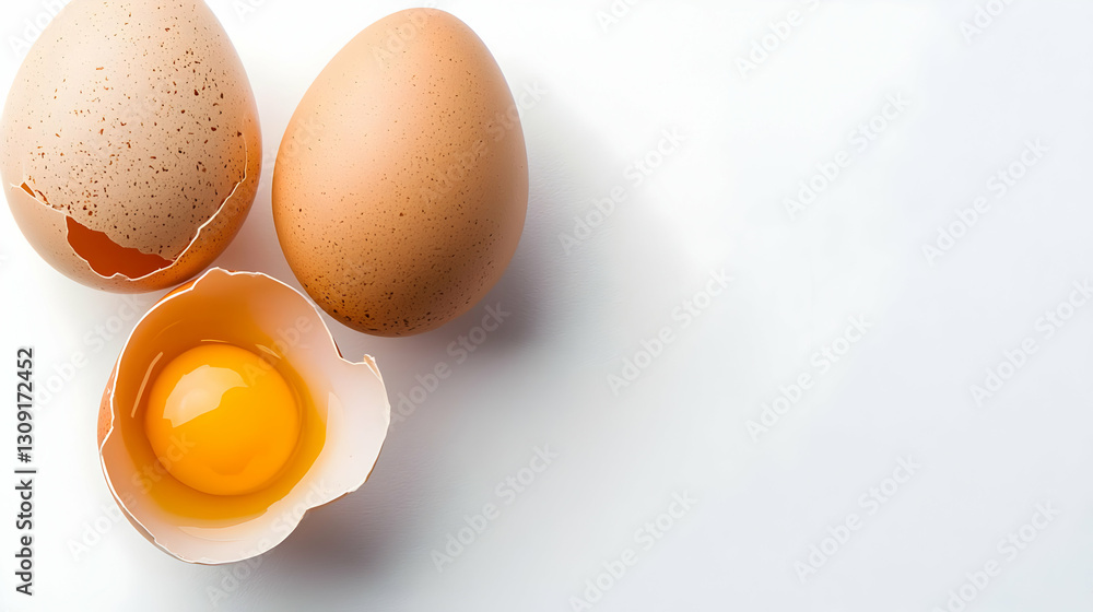 Overhead View of Three Brown Eggs One Broken Showing Bright Yellow Yolk on White Background Overhead View of Three Brown Eggs One Broken Showing Bright Yellow Yolk on White Background