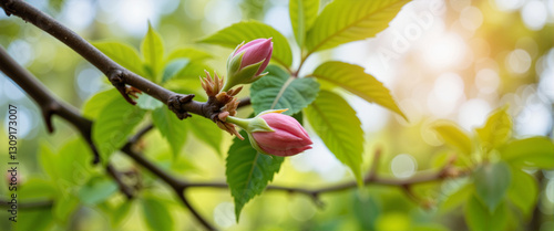 Wallpaper Mural Budding flowers emerging on tree branch in spring sunlight, growth Torontodigital.ca