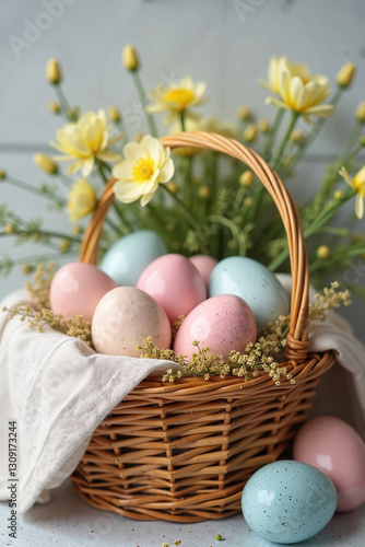 Wallpaper Mural Soft Pastel Easter Eggs in a Wicker Basket with Flowers, Festive Spring Arrangement Torontodigital.ca