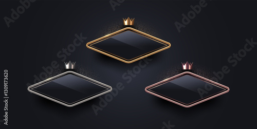 3d rhombus shape luxury sign with metal frame and crown. Gold, silver and bronze metallic luxury sign on black background. Vector set.