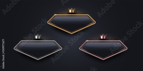3d diamond shape luxury sign with metal frame and crown. Gold, silver and bronze metallic luxury sign on black background. Vector set.