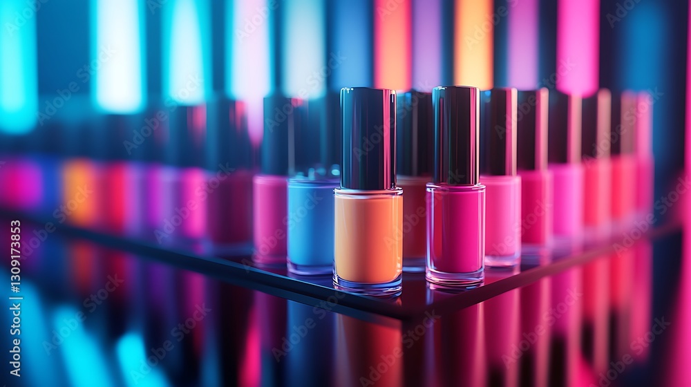 Nail polish bottles on glass shelf, blurred neon light backdrop. Product display Nail polish bottles on glass shelf, blurred neon light backdrop. Product display