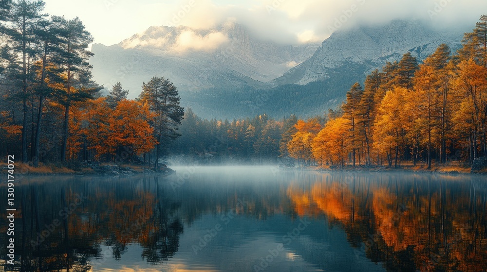 Fototapeta premium Autumnal lake reflects majestic mountains, fiery trees.